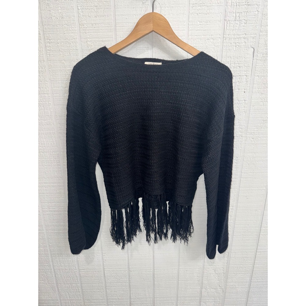 Umgee Fringe Hem Knit Sweater Women Black Boho Tassel Long Sleeve S K7541